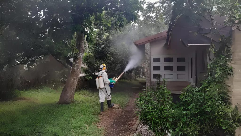 Technician in protective gear fogging a residential outdoor area
