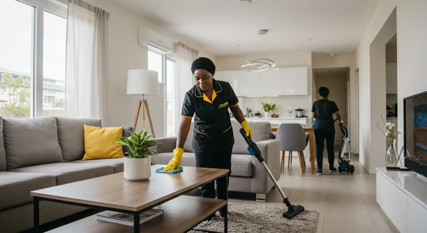JuKaro team in branded uniforms cleaning a modern Accra apartment