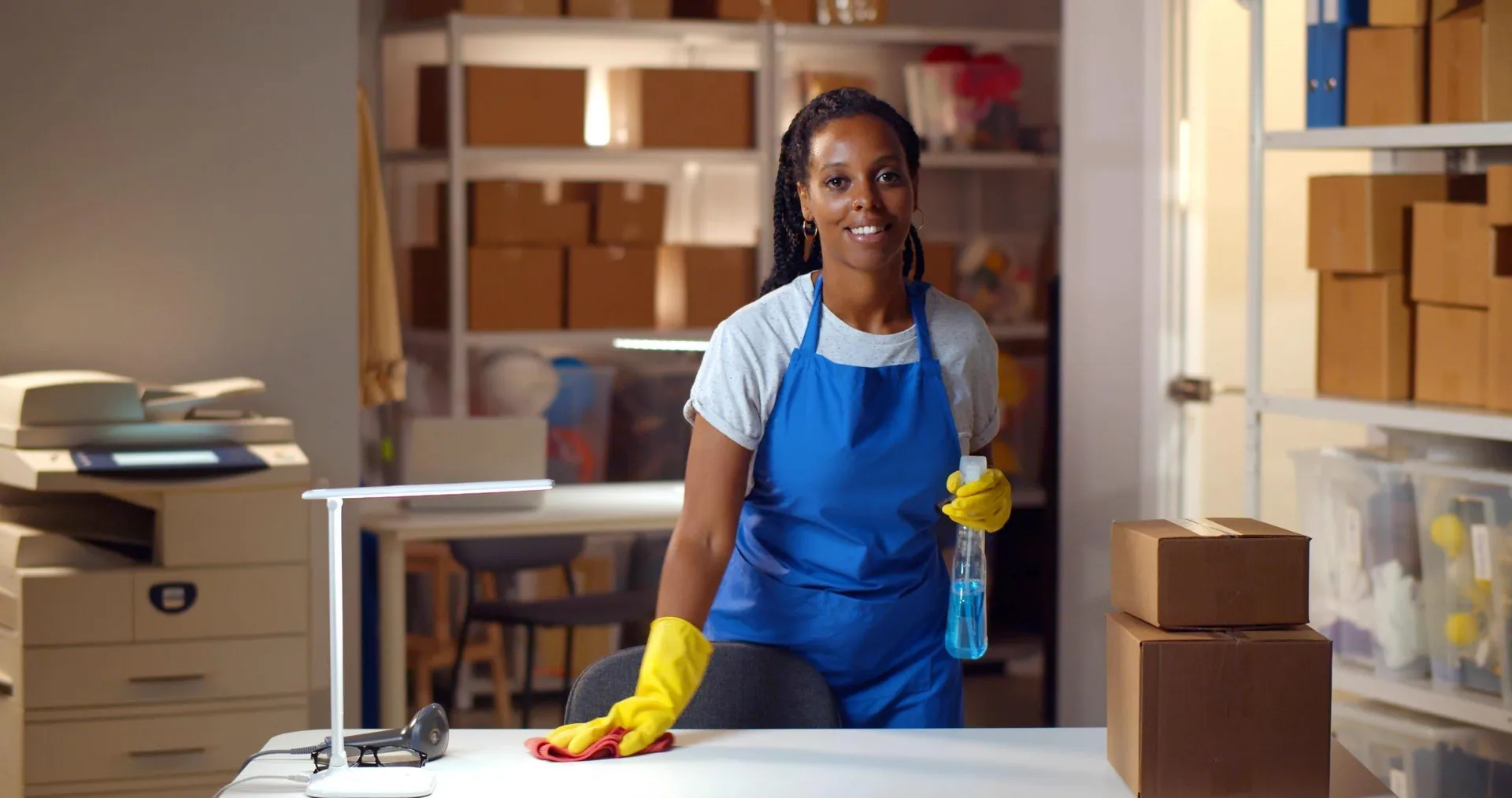 JuKaro cleaner in a blue apron wiping an office desk in Accra